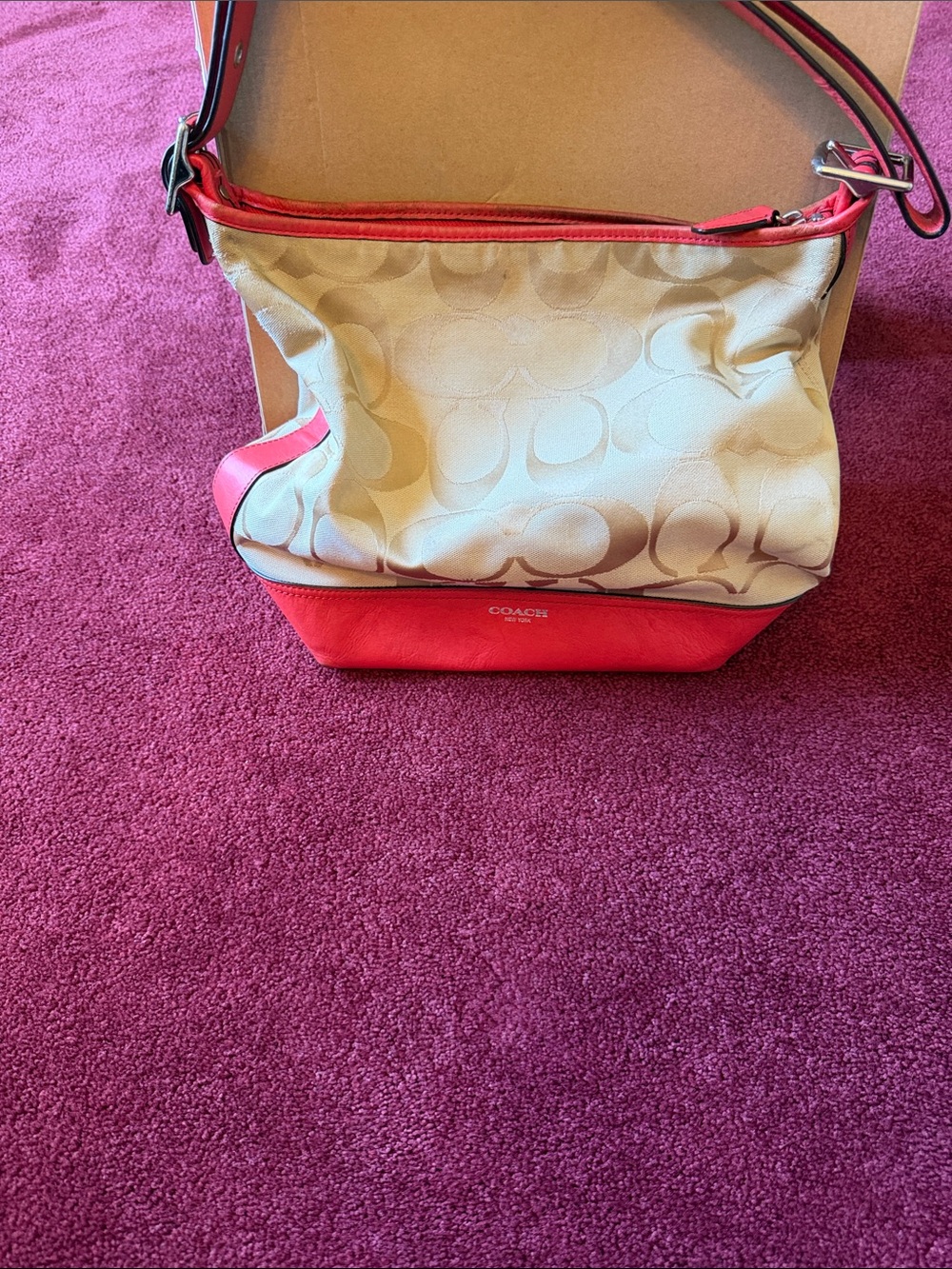 Coach Canvas Shoulder Bag in Ivory and Pink Coral